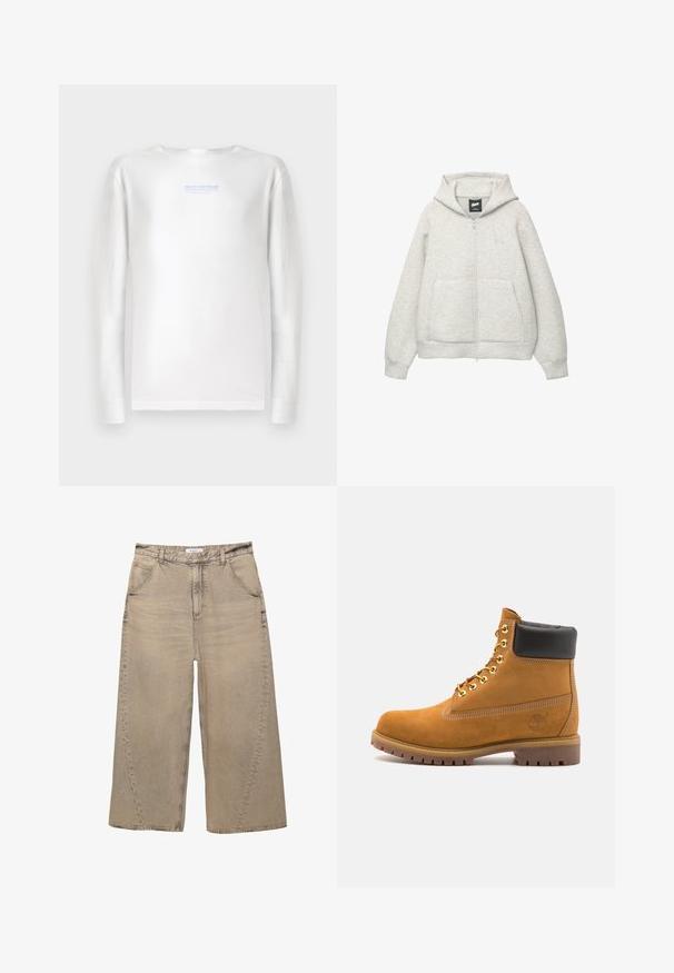 Graue Kapuzenjacke mit Reißverschluss, aus weichem Stoff, mit einer Fronttasche, einer Zugkordel an der Kapuze und einem kleinen Logo im Brustbereich.; TOM TAILOR DENIM Langarmshirt - white; PULL&BEAR MEGA BAGGY - Baggy Jeans - light grey; Beige Wildleder-Ankle-Boot mit schwarzem gepolstertem Kragen, goldenen Metallösen, weißen Nähdetalben und einer robusten Gummisohle mit ausgeprägtem Profil.