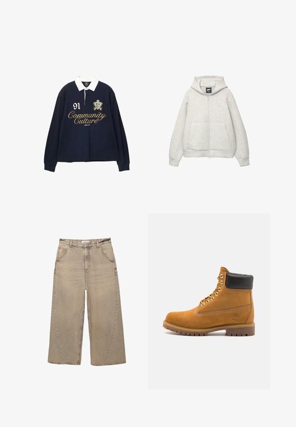 Graue Kapuzenjacke mit Reißverschluss, aus weichem Stoff, mit einer Fronttasche, einer Zugkordel an der Kapuze und einem kleinen Logo im Brustbereich.; Marineblaues Langarm-Polohemd mit weißem Kragen, bestickt mit goldenem Text "Community Culture" und der Nummer "91", sowie einem dekorativen Wappen.; PULL&BEAR MEGA BAGGY - Baggy Jeans - light grey; Beige Wildleder-Ankle-Boot mit schwarzem gepolstertem Kragen, goldenen Metallösen, weißen Nähdetalben und einer robusten Gummisohle mit ausgeprägtem Profil.
