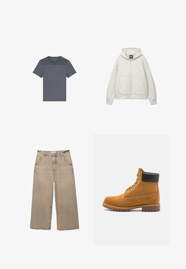 Grå zip-up hoodie lavet af blødt stof med en frontlomme, hætte med snor og et lille logo på brystområdet.; Grå atletisk T-shirt med meshtilskud, rund halsudskæring, korte ærmer og en kontrastfarvet rød "Calvin Klein" logo på brystet.; PULL&BEAR MEGA BAGGY - Baggy jeans - light grey; Tan nubuck ankelstøvle med sort polstret krave, gyldne metaløjer, hvid syning detaljer og robust gummisål med udtalte slidbaner.