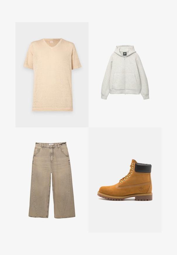 Szara bluza z kapturem na zamek, wykonana z miękkiego materiału, z przednią kieszenią, kapturem z troczkami i małym logiem na klatce piersiowej.; Beżowa koszulka z krótkim rękawem w serek, wykonana z lekkiego, teksturowanego materiału; charakteryzuje się luźnym krojem i minimalnymi detalami szwów.; PULL&BEAR - Jeansy baggy; Beżowe zamszowe botki sięgające kostki z czarną wyściełaną krawędzią, złotymi oczkami, białymi detalami szycia oraz wytrzymałą gumową podeszwą z wyraźnym bieżnikiem.