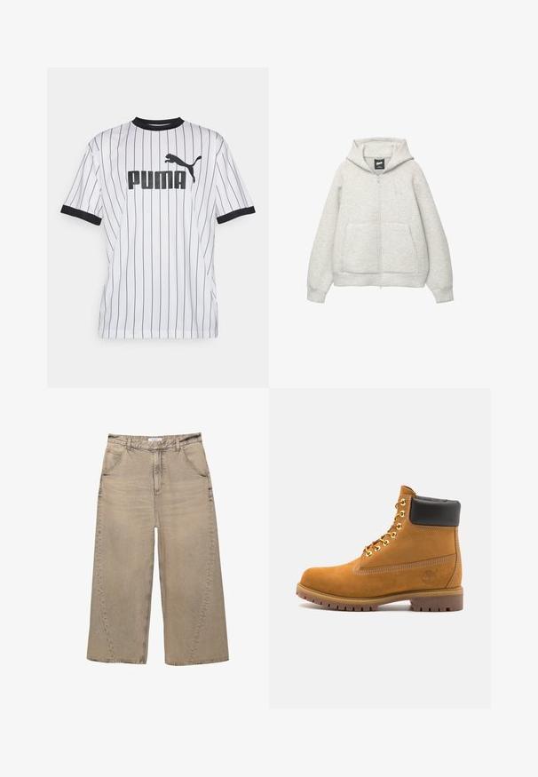 Grå zip-up huvtröja av mjukt material med en framficka, justerbar huva och en liten logga på bröstet.; Vit tröja med svarta vertikala ränder, svart krage och ärmar. Har en stor svart "PUMA"-logotyp på framsidan med en silhuett av en pumla.; PULL&BEAR MEGA BAGGY - Baggy jeans - light grey; Tan mockasins ankelstövlar med svart vadderad krage, guldmetallöglor, vit sömdekor och slitstöt gummisula med utmärkta mönster.