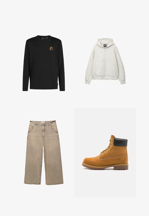 Graue Kapuzenjacke mit Reißverschluss, aus weichem Stoff, mit einer Fronttasche, einer Zugkordel an der Kapuze und einem kleinen Logo im Brustbereich.; Schwarzes Langarm-T-Shirt aus Baumwolle. Mit einem orangefarbenen Grafikdesign auf der Brust und dem Text "O'Neill." Standard-Halsausschnitt.; PULL&BEAR MEGA BAGGY - Baggy Jeans - light grey; Beige Wildleder-Ankle-Boot mit schwarzem gepolstertem Kragen, goldenen Metallösen, weißen Nähdetalben und einer robusten Gummisohle mit ausgeprägtem Profil.