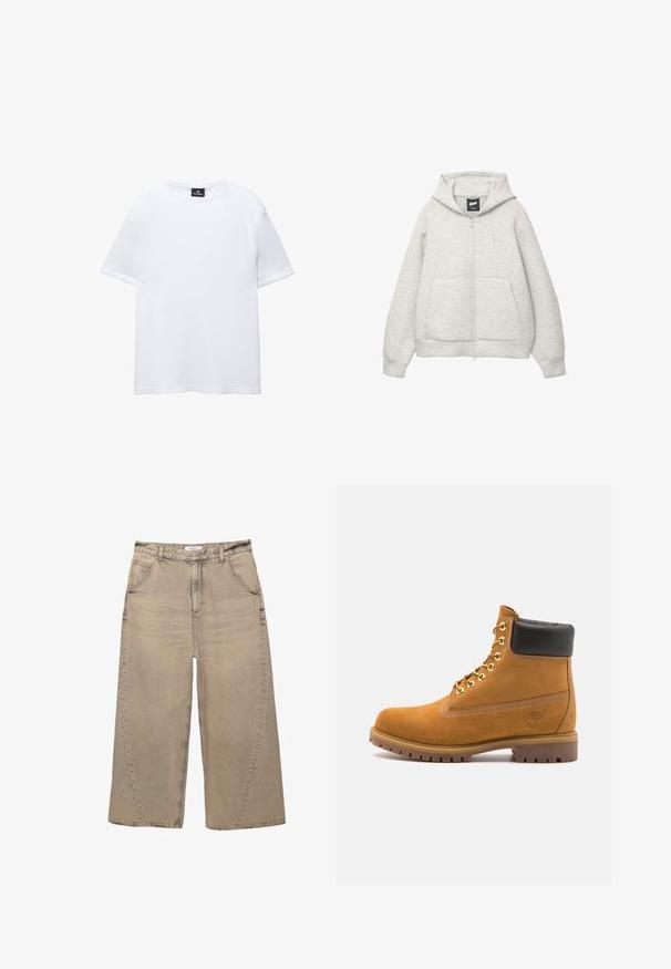 Grå zip-up hoodie lavet af blødt stof med en frontlomme, hætte med snor og et lille logo på brystområdet.; Hvid bomulds T-shirt med korte ærmer, rund halsudskæring og en afslappet pasform. Glat tekstur uden mønstre eller udsmykninger.; PULL&BEAR MEGA BAGGY - Baggy jeans - light grey; Tan nubuck ankelstøvle med sort polstret krave, gyldne metaløjer, hvid syning detaljer og robust gummisål med udtalte slidbaner.