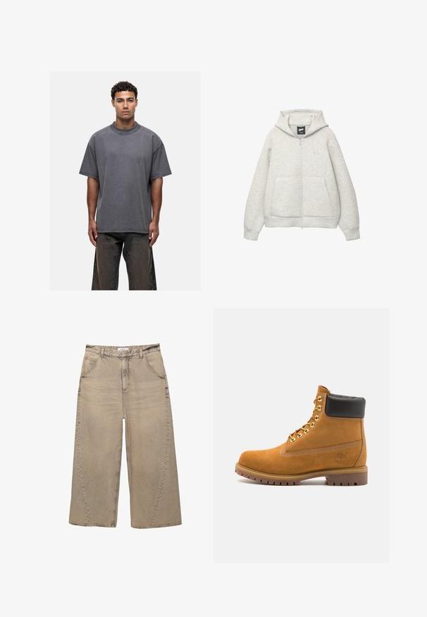 Szara bluza z kapturem na zamek, wykonana z miękkiego materiału, z przednią kieszenią, kapturem z troczkami i małym logiem na klatce piersiowej.; Szara, oversize koszulka z miękkiej bawełny, z okrągłym dekoltem i krótkimi rękawami, z bezszwowym wzorem po bokach i luźnym krojem.; PULL&BEAR - Jeansy baggy; Beżowe zamszowe botki sięgające kostki z czarną wyściełaną krawędzią, złotymi oczkami, białymi detalami szycia oraz wytrzymałą gumową podeszwą z wyraźnym bieżnikiem.