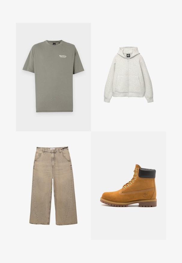 Hanorac gri cu fermoar, confectionat dintr-un material moale, cu un buzunar frontal, gluga cu șnur și un logo mic în zona pieptului.; Tricou din bumbac, de culoare verde măsliniu, cu mâneci scurte, de formă clasică, și text alb care spune "Armonie Echilibru în Natură" pe piept, în stânga.; PULL&BEAR MEGA BAGGY - Blugi largi - light grey; Cizmă de gleznă din întoarsă de culoare bej, cu guler negru căptușit, ochiuri din metal auriu, detalii de cusătură albă și talpă din cauciuc robustă, cu un model pronunțat.