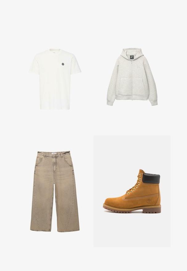 Hanorac gri cu fermoar, confectionat dintr-un material moale, cu un buzunar frontal, gluga cu șnur și un logo mic în zona pieptului.; Tricou alb cu mânecă scurtă, fabricat din bumbac, având un mic logo geometric negru pe partea stângă a pieptului. Croială dreaptă și guler rotund.; PULL&BEAR MEGA BAGGY - Blugi largi - light grey; Cizmă de gleznă din întoarsă de culoare bej, cu guler negru căptușit, ochiuri din metal auriu, detalii de cusătură albă și talpă din cauciuc robustă, cu un model pronunțat.