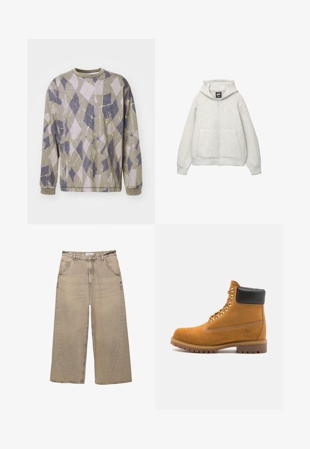 Grå zip-up huvtröja av mjukt material med en framficka, justerbar huva och en liten logga på bröstet.; Långärmad sweatshirt i strukturerad grå tyg med ett geometriskt diamantmönster i ljuslila och marinblått med metalliska gula accenter.; PULL&BEAR MEGA BAGGY - Baggy jeans - light grey; Tan mockasins ankelstövlar med svart vadderad krage, guldmetallöglor, vit sömdekor och slitstöt gummisula med utmärkta mönster.