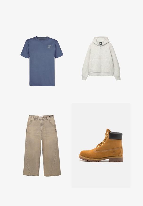 Graue Kapuzenjacke mit Reißverschluss, aus weichem Stoff, mit einer Fronttasche, einer Zugkordel an der Kapuze und einem kleinen Logo im Brustbereich.; Blaues Baumwoll-T-Shirt mit kurzen Ärmeln und Rundhalsausschnitt, mit einem runden Logo im oberen linken Brustbereich. Sanfte Textur.; PULL&BEAR MEGA BAGGY - Baggy Jeans - light grey; Beige Wildleder-Ankle-Boot mit schwarzem gepolstertem Kragen, goldenen Metallösen, weißen Nähdetalben und einer robusten Gummisohle mit ausgeprägtem Profil.