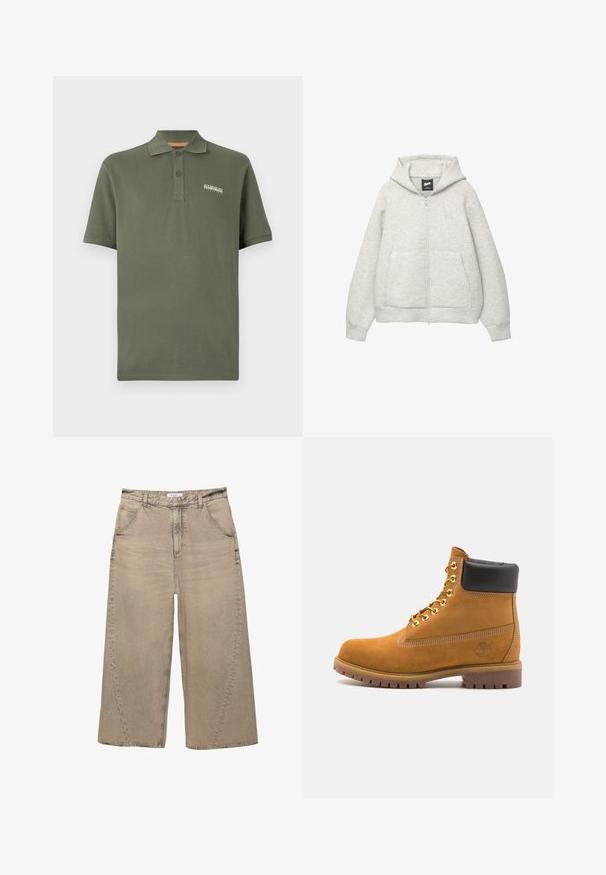 Szara bluza z kapturem na zamek, wykonana z miękkiego materiału, z przednią kieszenią, kapturem z troczkami i małym logiem na klatce piersiowej.; Oliwkowa bawełniana koszulka polo z trzema guzikami, krótkimi rękawami i małym logo na piersi. Miękka tekstura, klasyczny krój.; PULL&BEAR - Jeansy baggy; Beżowe zamszowe botki sięgające kostki z czarną wyściełaną krawędzią, złotymi oczkami, białymi detalami szycia oraz wytrzymałą gumową podeszwą z wyraźnym bieżnikiem.