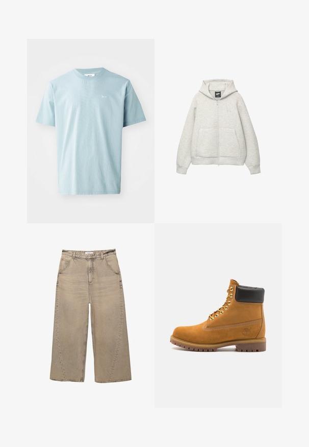 Hanorac gri cu fermoar, confectionat dintr-un material moale, cu un buzunar frontal, gluga cu șnur și un logo mic în zona pieptului.; Tricou din bumbac de culoare albastru deschis, cu mâneci scurte, gât rotund și logo mic alb pe față. Textură netedă, design casual.; PULL&BEAR MEGA BAGGY - Blugi largi - light grey; Cizmă de gleznă din întoarsă de culoare bej, cu guler negru căptușit, ochiuri din metal auriu, detalii de cusătură albă și talpă din cauciuc robustă, cu un model pronunțat.