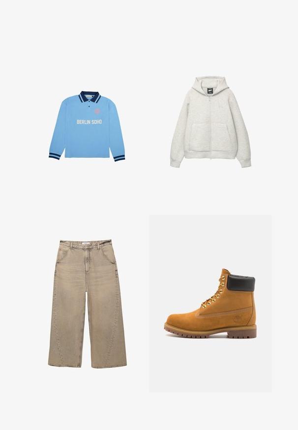 Graue Kapuzenjacke mit Reißverschluss, aus weichem Stoff, mit einer Fronttasche, einer Zugkordel an der Kapuze und einem kleinen Logo im Brustbereich.; Himmelblaues Langarm-Polohemd mit dunkelblauem Kragen und Bündchen, verfügt über weißen Text "BERLIN SOHO" und ein rundes Logo auf der linken Brust.; PULL&BEAR MEGA BAGGY - Baggy Jeans - light grey; Beige Wildleder-Ankle-Boot mit schwarzem gepolstertem Kragen, goldenen Metallösen, weißen Nähdetalben und einer robusten Gummisohle mit ausgeprägtem Profil.