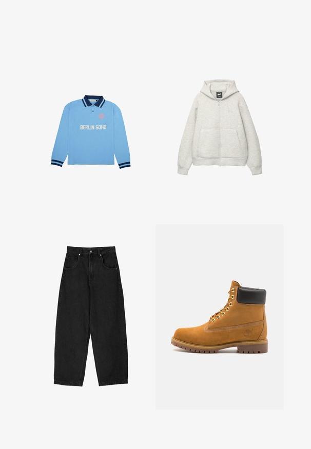 Hanorac gri cu fermoar, confectionat dintr-un material moale, cu un buzunar frontal, gluga cu șnur și un logo mic în zona pieptului.; Cămașă polo cu mânecă lungă, de culoare albastru deschis, cu guler și mansete de culoare albastru închis, având inscriptionat textul alb "BERLIN SOHO" și un logo circular pe partea stângă a pieptului.; Pantaloni largi din denim negru cu talie înaltă, dotati cu cinci buzunare, fermoar și închidere cu buton metalic. Textură netedă, detalii minime.; Cizmă de gleznă din întoarsă de culoare bej, cu guler negru căptușit, ochiuri din metal auriu, detalii de cusătură albă și talpă din cauciuc robustă, cu un model pronunțat.