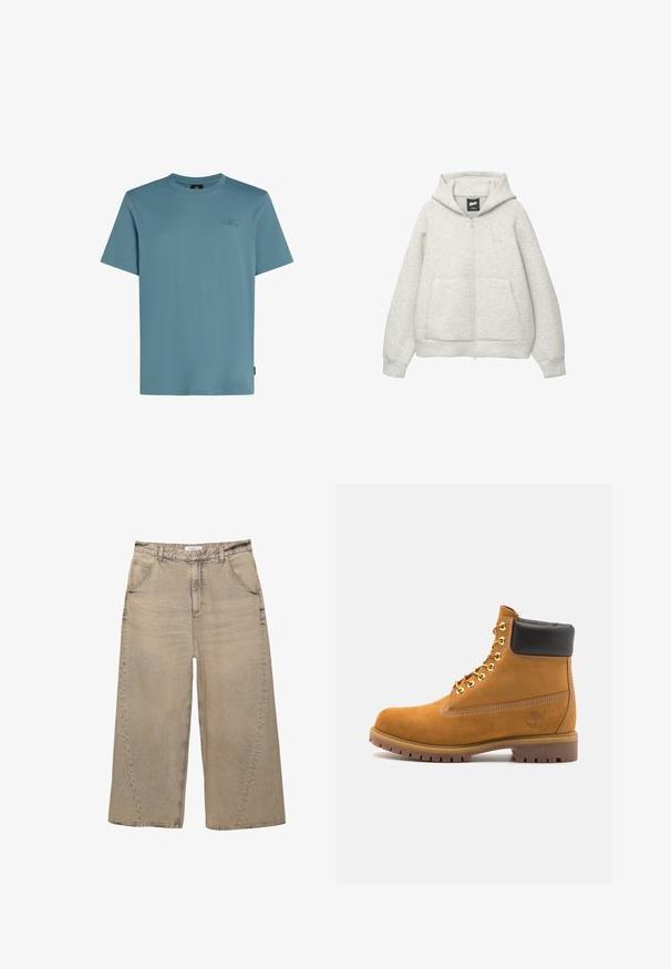 Grå zip-up huvtröja av mjukt material med en framficka, justerbar huva och en liten logga på bröstet.; Ljusblå bomulls t-shirt med rund halsringning, korta ärmar och en liten logotyp tryckt i en mörkare nyans på bröstet.; PULL&BEAR MEGA BAGGY - Baggy jeans - light grey; Tan mockasins ankelstövlar med svart vadderad krage, guldmetallöglor, vit sömdekor och slitstöt gummisula med utmärkta mönster.