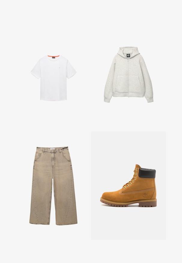 Grå zip-up hoodie lavet af blødt stof med en frontlomme, hætte med snor og et lille logo på brystområdet.; Hvid bomuld T-shirt med rund halsudskæring, korte ærmer og et lille logo på brystet. Har kontrastfarvet orange kant indvendigt i kraven.; PULL&BEAR MEGA BAGGY - Baggy jeans - light grey; Tan nubuck ankelstøvle med sort polstret krave, gyldne metaløjer, hvid syning detaljer og robust gummisål med udtalte slidbaner.