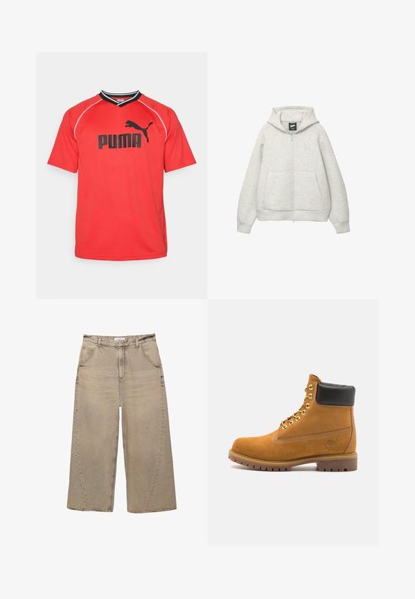 Grå zip-up huvtröja av mjukt material med en framficka, justerbar huva och en liten logga på bröstet.; Röd kortärmad sporttröja gjord av andningsbart tyg. Har svart Puma-logotyp och kontrasterande svarta och vita krage-accenter.; PULL&BEAR MEGA BAGGY - Baggy jeans - light grey; Tan mockasins ankelstövlar med svart vadderad krage, guldmetallöglor, vit sömdekor och slitstöt gummisula med utmärkta mönster.