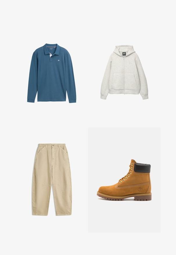 Gray zip-up hoodie made of soft fabric with a front pocket, a drawstring hood, and a small logo on the chest area.; Long-sleeve, polo-style shirt in teal cotton, featuring a white undercollar, three buttons, and a small logo on the chest.; Wide-leg beige cotton pants with a high waist, featuring front pockets and a front button closure. Smooth texture with clean seams.; Tan suede ankle boot with black padded collar, gold metal eyelets, white stitching detailing, and rugged rubber sole with pronounced treads.