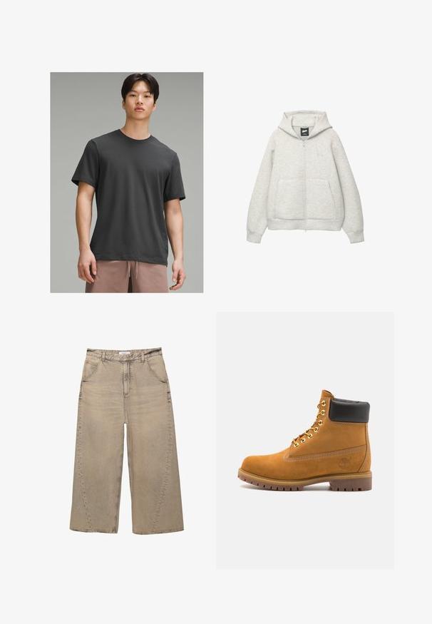 Grijze zip-up hoodie van zachte stof met een voorkantzak, een capuchon met trekkoord en een klein logo op de borst.; Donkergrijze t-shirt met korte mouwen en een ronde halslijn, gemaakt van zacht materiaal. Heeft een ontspannen pasvorm en een gladde textuur.; PULL&BEAR MEGA BAGGY - Baggy jeans - light grey; Tan suède enkelboot met zwart gevoerd kraagje, gouden metalen oogjes, witte stikdetails en een robuuste rubberen zool met uitgesproken profiel.