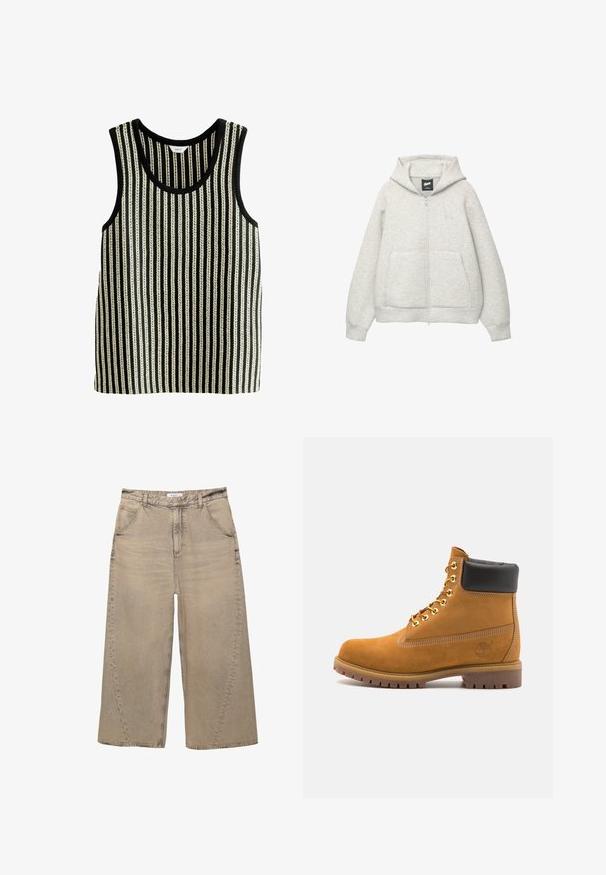 Grijze zip-up hoodie van zachte stof met een voorkantzak, een capuchon met trekkoord en een klein logo op de borst.; Zwart-wit gestreept tanktop met een ronde halslijn en mouwloos ontwerp. De textuur heeft afwisselend dikke en dunne verticale lijnen.; PULL&BEAR MEGA BAGGY - Baggy jeans - light grey; Tan suède enkelboot met zwart gevoerd kraagje, gouden metalen oogjes, witte stikdetails en een robuuste rubberen zool met uitgesproken profiel.