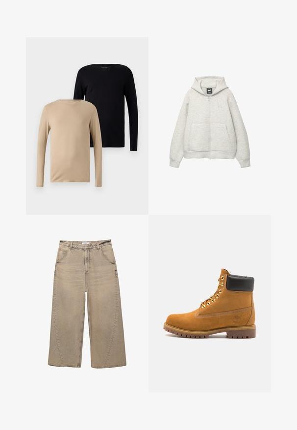 Graue Kapuzenjacke mit Reißverschluss, aus weichem Stoff, mit einer Fronttasche, einer Zugkordel an der Kapuze und einem kleinen Logo im Brustbereich.; Zwei Langarm-T-Shirts: eines in beige und eines in schwarz. Weicher, dehnbarer Stoff mit Rundhalsausschnitten und minimalistischer Gestaltung.; PULL&BEAR MEGA BAGGY - Baggy Jeans - light grey; Beige Wildleder-Ankle-Boot mit schwarzem gepolstertem Kragen, goldenen Metallösen, weißen Nähdetalben und einer robusten Gummisohle mit ausgeprägtem Profil.