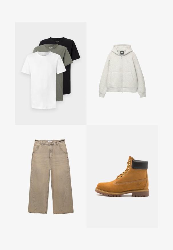 Felpa grigia con zip realizzata in tessuto morbido, dotata di tasca frontale, cappuccio regolabile con cordino e un piccolo logo nella zona del petto.; Tre t-shirt a girocollo in bianco, verde oliva e nero. Realizzate in morbido cotone, presentano maniche corte e una vestibilità comoda.; PULL&BEAR MEGA BAGGY - Jeans baggy - light grey; Stivale alla caviglia in suede tan con collare imbottito nero, occhielli in metallo dorato, dettagli in cucitura bianca e suola in gomma robusta con battistrada pronunciato.