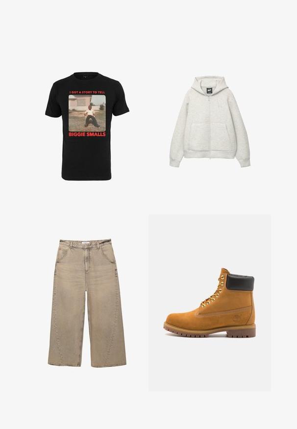 Hanorac gri cu fermoar, confectionat dintr-un material moale, cu un buzunar frontal, gluga cu șnur și un logo mic în zona pieptului.; Tricou negru din bumbac cu o fotografie vintage și text roșu care spune "AM O POVESTE DE SPUS BIGGIE SMALLS" sub imagine.; PULL&BEAR MEGA BAGGY - Blugi largi - light grey; Cizmă de gleznă din întoarsă de culoare bej, cu guler negru căptușit, ochiuri din metal auriu, detalii de cusătură albă și talpă din cauciuc robustă, cu un model pronunțat.