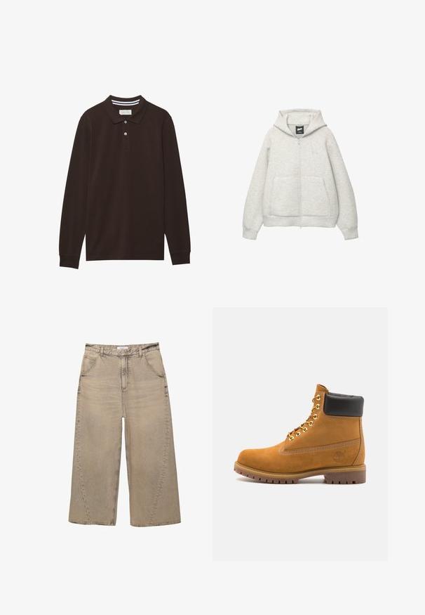 Szara bluza z kapturem na zamek, wykonana z miękkiego materiału, z przednią kieszenią, kapturem z troczkami i małym logiem na klatce piersiowej.; Koszulka polo z długim rękawem w ciemnobrązowym kolorze, wykonana z bawełny, z kołnierzykiem, zapięciem na trzy guziki oraz białymi paskami. Gładka tekstura.; PULL&BEAR - Jeansy baggy; Beżowe zamszowe botki sięgające kostki z czarną wyściełaną krawędzią, złotymi oczkami, białymi detalami szycia oraz wytrzymałą gumową podeszwą z wyraźnym bieżnikiem.