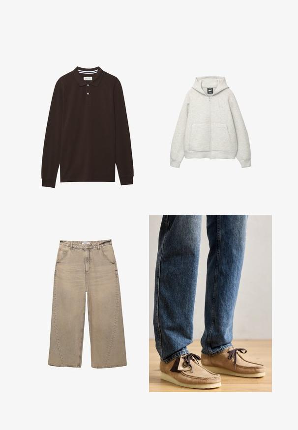 Szara bluza z kapturem na zamek, wykonana z miękkiego materiału, z przednią kieszenią, kapturem z troczkami i małym logiem na klatce piersiowej.; Koszulka polo z długim rękawem w ciemnobrązowym kolorze, wykonana z bawełny, z kołnierzykiem, zapięciem na trzy guziki oraz białymi paskami. Gładka tekstura.; PULL&BEAR - Jeansy baggy; Zamszowe mokasyny w odcieniu jasnobrązowym z ciemnobrązowym akcentem, okrągłym noskiem i miękką białą podeszwą. Posiadają zawiązywany design oraz przeszycia dekoracyjne.