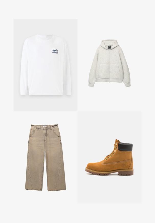 Grå zip-up huvtröja av mjukt material med en framficka, justerbar huva och en liten logga på bröstet.; Vit långärmad t-shirt i bomull med en marinblå logga på bröstet. Rundad halsringning och rak nederkant med långa, bekväma ärmar.; PULL&BEAR MEGA BAGGY - Baggy jeans - light grey; Tan mockasins ankelstövlar med svart vadderad krage, guldmetallöglor, vit sömdekor och slitstöt gummisula med utmärkta mönster.