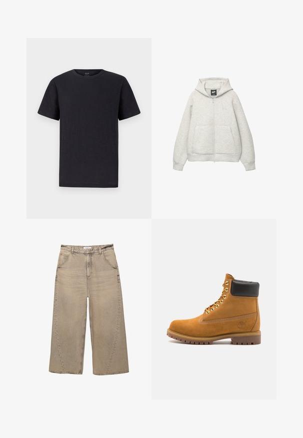 Grå zip-up huvtröja av mjukt material med en framficka, justerbar huva och en liten logga på bröstet.; Svart t-shirt i ett mjukt, lätt tyg med klassisk rund halsringning och korta ärmar. Enkel, enfärgad design utan mönster eller dekorationer.; PULL&BEAR MEGA BAGGY - Baggy jeans - light grey; Tan mockasins ankelstövlar med svart vadderad krage, guldmetallöglor, vit sömdekor och slitstöt gummisula med utmärkta mönster.