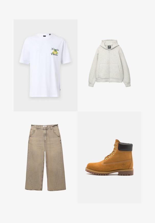 Felpa grigia con zip realizzata in tessuto morbido, dotata di tasca frontale, cappuccio regolabile con cordino e un piccolo logo nella zona del petto.; T-shirt bianca in cotone a maniche corte, con una grafica di limone verde e giallo e la scritta "Limón Cítrico" stampata in nero sul petto.; PULL&BEAR MEGA BAGGY - Jeans baggy - light grey; Stivale alla caviglia in suede tan con collare imbottito nero, occhielli in metallo dorato, dettagli in cucitura bianca e suola in gomma robusta con battistrada pronunciato.