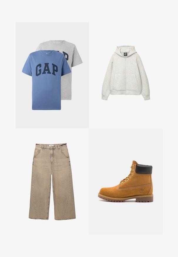 Szara bluza z kapturem na zamek, wykonana z miękkiego materiału, z przednią kieszenią, kapturem z troczkami i małym logiem na klatce piersiowej.; Dwie krótkie koszulki z okrągłym dekoltem, jedna niebieska, a druga szara, obie z dużym granatowym napisem "GAP" na piersi.; PULL&BEAR - Jeansy baggy; Beżowe zamszowe botki sięgające kostki z czarną wyściełaną krawędzią, złotymi oczkami, białymi detalami szycia oraz wytrzymałą gumową podeszwą z wyraźnym bieżnikiem.