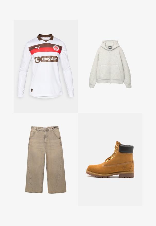 Graue Kapuzenjacke mit Reißverschluss, aus weichem Stoff, mit einer Fronttasche, einer Zugkordel an der Kapuze und einem kleinen Logo im Brustbereich.; Weißes Langarm-Fußballtrikot mit braunem Kragen, das rote und braune horizontale Streifen, ein Puma-Logo und ein "congstar" Sponsorlogo zeigt.; PULL&BEAR MEGA BAGGY - Baggy Jeans - light grey; Beige Wildleder-Ankle-Boot mit schwarzem gepolstertem Kragen, goldenen Metallösen, weißen Nähdetalben und einer robusten Gummisohle mit ausgeprägtem Profil.