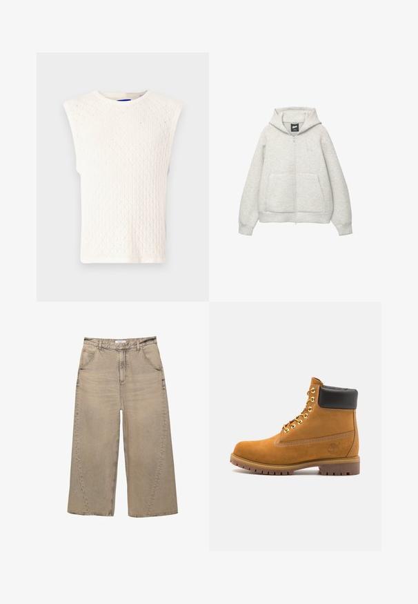 Szara bluza z kapturem na zamek, wykonana z miękkiego materiału, z przednią kieszenią, kapturem z troczkami i małym logiem na klatce piersiowej.; Biały bezrękawnik z teksturowanym wzorem diamentów, z żebrowanym dekoltem i brzegami. Regularny krój, lekki materiał dzianinowy.; PULL&BEAR - Jeansy baggy; Beżowe zamszowe botki sięgające kostki z czarną wyściełaną krawędzią, złotymi oczkami, białymi detalami szycia oraz wytrzymałą gumową podeszwą z wyraźnym bieżnikiem.