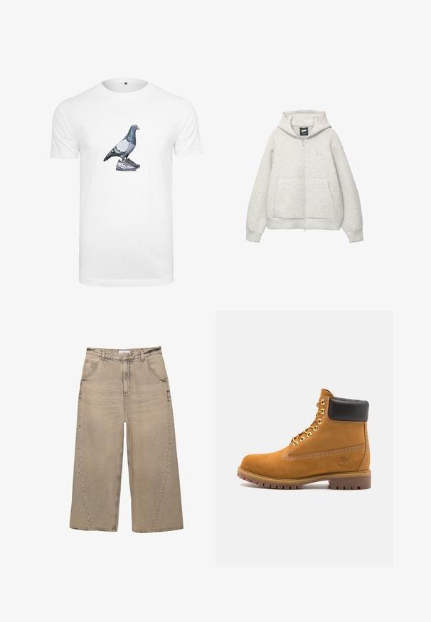 Grå zip-up huvtröja av mjukt material med en framficka, justerbar huva och en liten logga på bröstet.; Vit bomullströja med en grafik av en duva som står på ett par sneakers, med detaljerad färgning och skuggning på fågeln.; PULL&BEAR MEGA BAGGY - Baggy jeans - light grey; Tan mockasins ankelstövlar med svart vadderad krage, guldmetallöglor, vit sömdekor och slitstöt gummisula med utmärkta mönster.