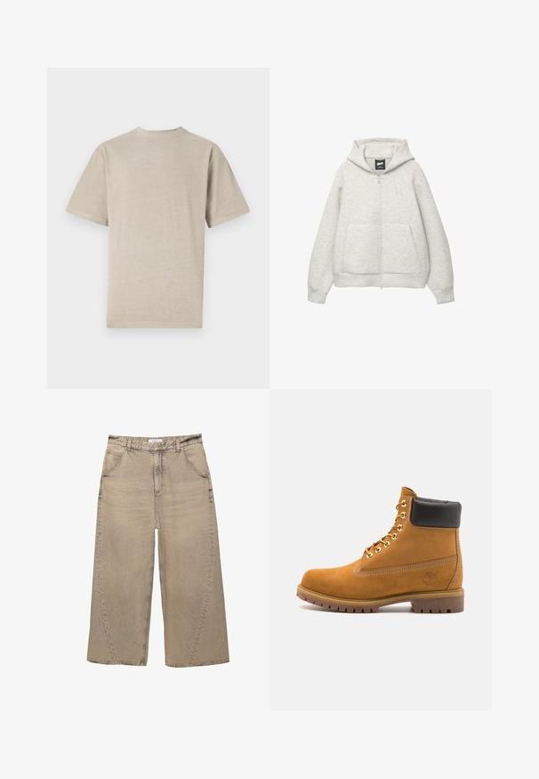 Felpa grigia con zip realizzata in tessuto morbido, dotata di tasca frontale, cappuccio regolabile con cordino e un piccolo logo nella zona del petto.; T-shirt a maniche corte di colore beige chiaro con colletto girocollo, realizzato in tessuto morbido, con una texture liscia e un design semplice senza grafiche.; PULL&BEAR MEGA BAGGY - Jeans baggy - light grey; Stivale alla caviglia in suede tan con collare imbottito nero, occhielli in metallo dorato, dettagli in cucitura bianca e suola in gomma robusta con battistrada pronunciato.