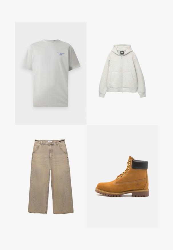 Grå zip-up hoodie lavet af blødt stof med en frontlomme, hætte med snor og et lille logo på brystområdet.; Lys grå bomulds T-shirt med korte ærmer, rund halsudskæring og en lille blå logotekst på venstre brystområde. Glat overflade.; PULL&BEAR MEGA BAGGY - Baggy jeans - light grey; Tan nubuck ankelstøvle med sort polstret krave, gyldne metaløjer, hvid syning detaljer og robust gummisål med udtalte slidbaner.
