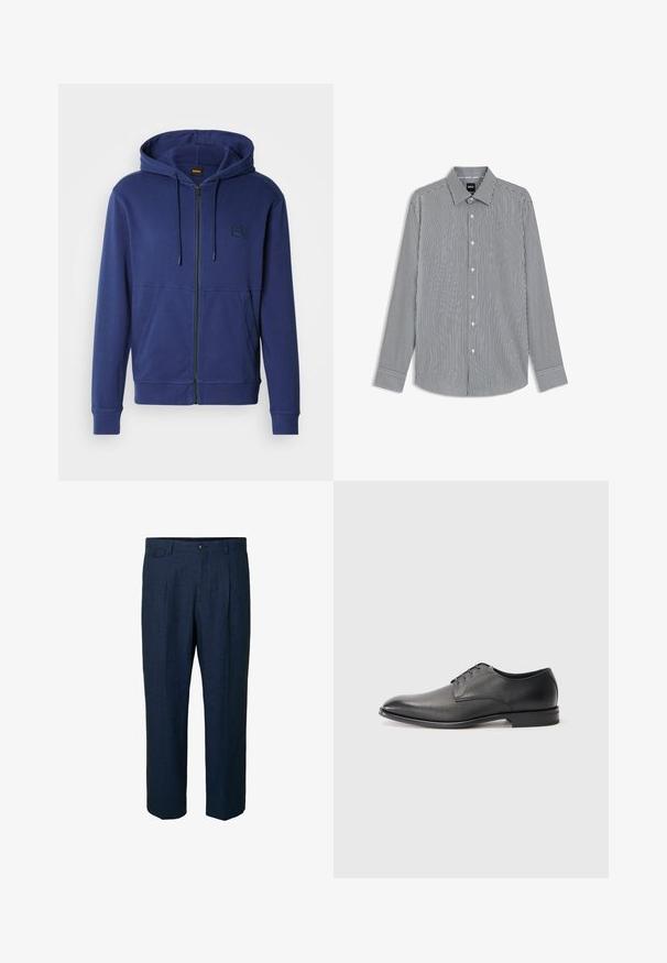 Marineblauer Kapuzenpullover aus weichem Stoff, mit durchgehendem Reißverschluss, verstellbarer Kapuze und Fronttaschen, versehen mit einem kleinen Logo auf der Brust.; Gestreift langärmliges Hemd in Marineblau und Weiß, mit einem Button-down-Kragen, vorderen Knöpfen und geknöpften Ärmeln mit kontrastierenden Besätzen.; Marineblaue Leinenhose mit geradem Schnitt, ausgestattet mit zwei vorderen Taschen, zwei hinteren Taschen und einem einzelnen Knopfverschluss an der Taille.; Schwarzer Leder-Herrenschuh mit Schnürsenkeln, flachem Absatz und glatter, leicht strukturierter Oberfläche auf weißem Hintergrund.