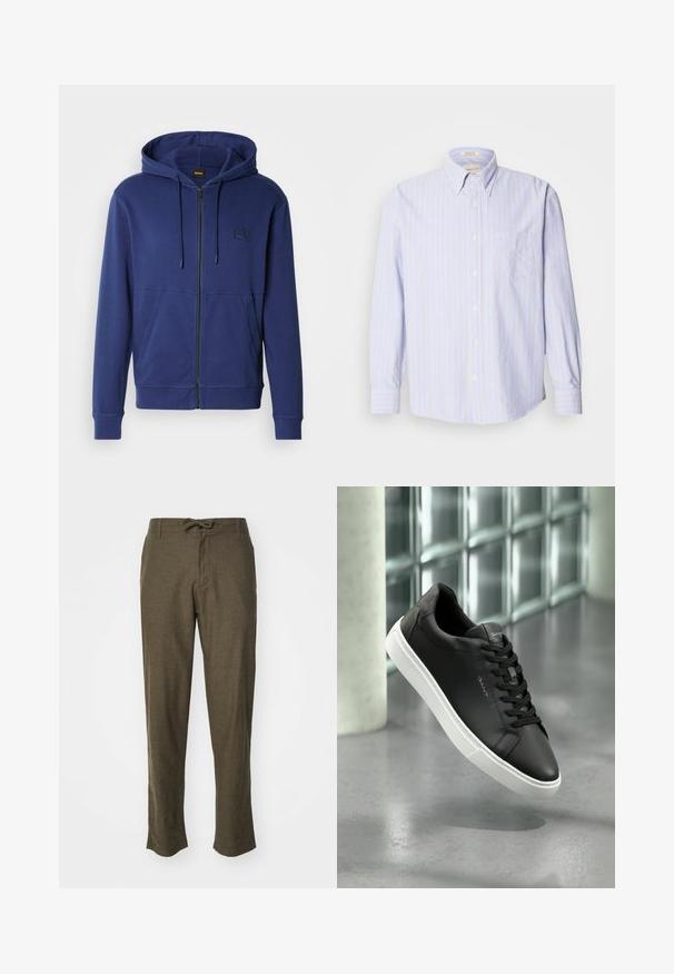 Camisola com capuz azul-marinho feita de tecido macio, com fecho de correr completo, capuz com cordão e bolsos frontais, com um pequeno logótipo no peito.; Camisa de botão feita de um tecido leve, com riscas verticais azuis e amarelas, mangas longas e um bolso no peito à esquerda.; Calças verde-oliva feitas de tecido texturado, com cintura elástica ajustável e pernas retas, apresentadas sobre um fundo branco.; Sapatilha de couro preto com sola de borracha branca, bico redondo e atacadores. Apresenta uma textura suave e uma marcação subtil na língua.