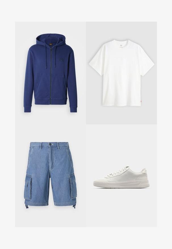 Felpa con cappuccio blu navy in tessuto morbido, con zip integrale, cappuccio con coulisse e tasche frontali, con un piccolo logo sul petto.; T-shirt bianco a maniche corte in cotone con collo rotondo. Presenta un discreto dettaglio logo in rilievo sulla parte frontale e un'etichetta rossa sull'orlo.; Shorts cargo in denim blu con chiusura a bottone, due tasche anteriori e due grandi tasche laterali con pattina. Inclusi cordini regolabili all'orlo.; Sneakers bianchi con tomaia in pelle liscia, punta rotonda, chiusura con lacci e suola in gomma spessa. Logo discreto sul lato.