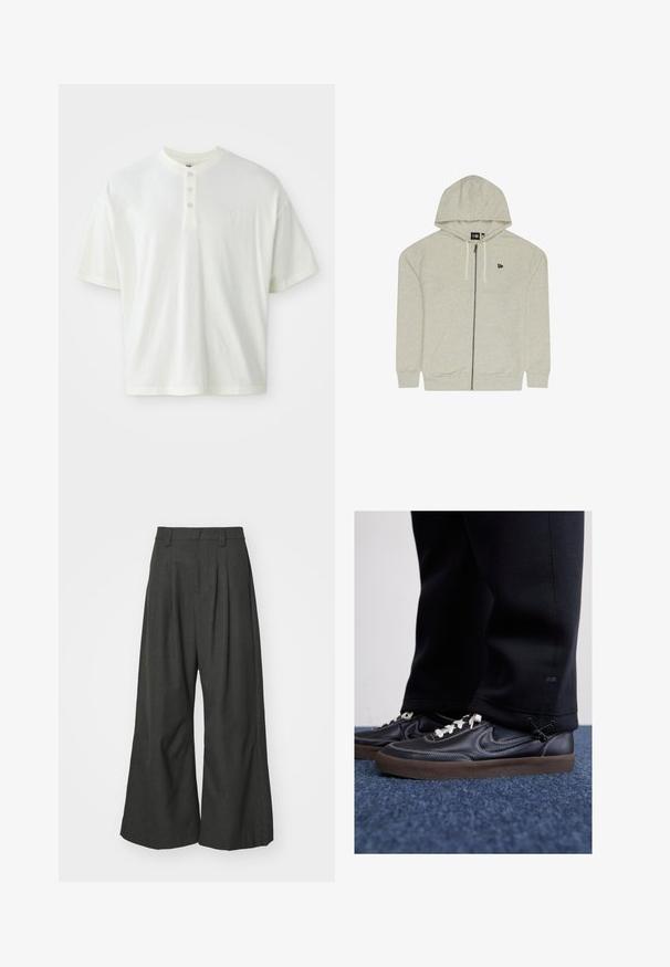 Svetlo šedá mikina na zips z mäkkého materiálu, s kapucňou, šnúrkami a dvoma prednými vreckami. Malé logo v ľavom hornom rohu.; Biela krátka košeľa s krátkym rukávom a henley výstrihom, obsahujúca tri gombíky a malú nášivku na ľavej hrudi. Vyrobená z bavlnenej látky.; Jaded London GOLIATH TROUSER UNISEX - Nohavice - grey; Nike Sportswear KILLSHOT 2 LTR PRM OPP2 - Tenisky - black sail baroque brown mtlc dk grey