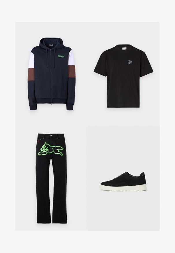 Navy zip-up dukserica s bijelim i smešnim akcentima. Ima mekanu teksturu, kenguru džepove i zeleni logo na grudima.; Crna pamučna majica s okruglim izrezom i kratkim rukavima. Ima mali plavi logo na lijevoj strani prsnog koša. Jednostavan, ravno krojen dizajn.; Crne traperice ravnog kroja, s velikim zelenim grafičkim prikazom trčeće crtane mačke na stražnjem dijelu. Srebrni dodaci.; Crne nubuk tenisice s vezanjem i kontrastnom bijelom gumenom potplatom. Imaju teksturirane bočne panele i suptilno brendiranje na peti.