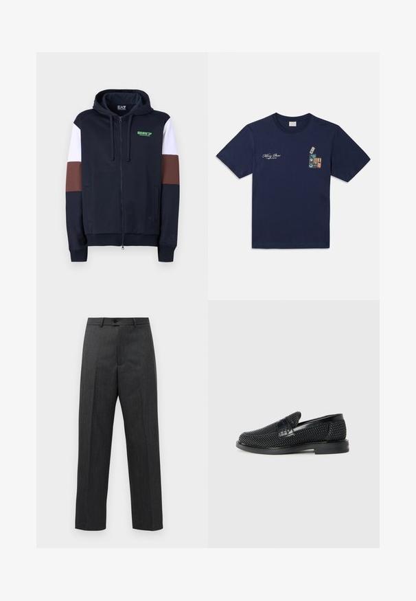 Hoodie zippé en navy avec des bandes d'accentuation blanches et marron. Il présente une texture douce, des poches kangourou et un logo vert sur la poitrine.; T-shirt en coton bleu marine à manches courtes, avec un graphique de cassettes audio empilées et le texte "Killing Bees" sur la poitrine.; Pantalon formel gris foncé avec plis à l'avant, passants de ceinture et fermeture par bouton à la taille, présenté sur un fond blanc uni.; Chaussure slip-on tissée noire avec un accent en cuir lisse sur le dessus, un design à bout rond et une semelle en caoutchouc à profil bas.