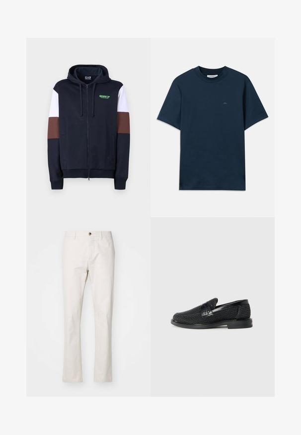 Námořnická zipová mikina s bílými a hnědými akcentními pruhy. Má měkkou strukturu, klokánkové kapsy a zelené logo na prsou.; Tmavě modré bavlněné tričko s kulatým výstřihem, krátkými rukávy a decentním logem potištěným na hrudi. Hladká textura a klasický střih.; Béžové kalhoty z bavlněné směsi s rovnými nohavicemi, s předním zapínáním na knoflík, poutky na pás a minimalistickým designem. Hladká textura.; Černé pletené nazouvací boty s hladkým koženým akcentem na svršku, kulatou špičkou a nízkoprofilovou gumovou podrážkou.