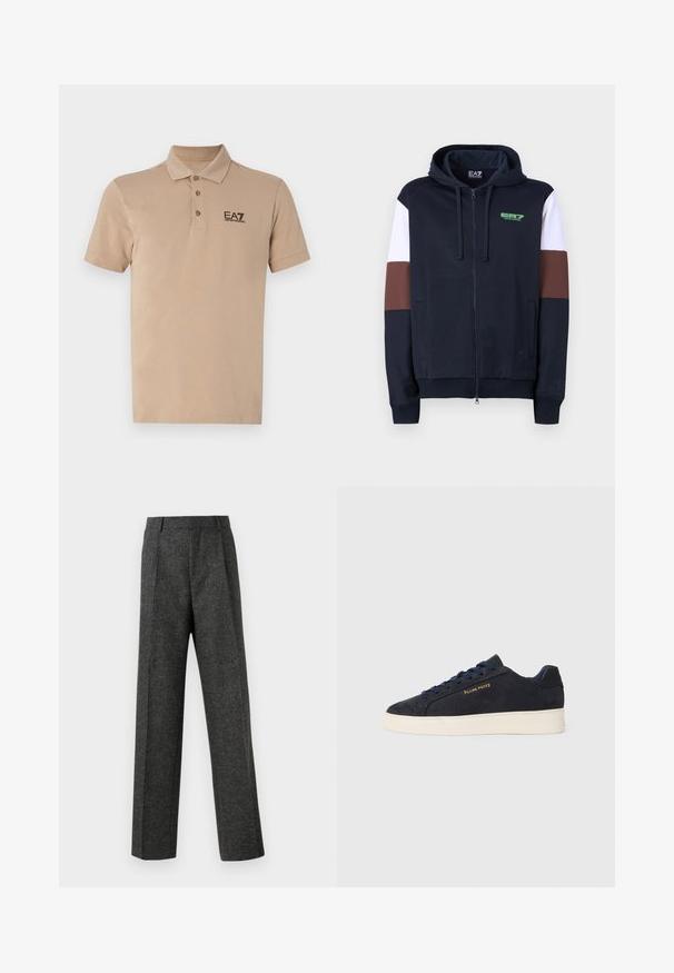 Navy zip-up hettegenser med hvite og brune akcentstriper. Har en myk tekstur, kengurulommer og en grønn logo på brystet.; Lys beige polo-skjorte laget av bomull. Den har en klassisk krage, tre knapper foran, kortermet design, og en svart EA7-logo på brystet.; Grå skreddersydde bukser laget av teksturert stoff, med to frontpleater og rette ben. Ingen synlige lommer eller dekorasjoner.; Marineblå ankelhøyde sneakers i semsket skinn med hvit såle, marineblå snøringer, og "Filling Pieces"-logo i gull på siden.