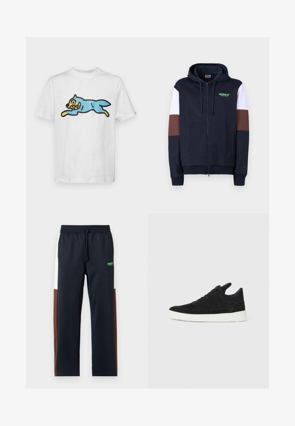 Navy zip-up huppari, jossa on valkoiset ja ruskeat korostusraidat. Omistaa pehmeän pinnan, kengurupocketsit ja vihreän logon rinnassa.; Valkoinen puuvillapaita, jossa on sininen, sarjakuvamainen kissa, jolla on keltainen naama ja terävät hampaat, sijoitettuna hyppyasentoon.; Navy blue sweatpants with white and brown side panels, an elastic waistband, a drawstring, and a green logo at the hip. Made from soft, smooth material.; Mustat mokkasiinikenkiä valkoisella kumipohjalla, jossa on sävy sävyyn ompelu ja nauhakiinnitys. Sujuva pinta ja moderni, virtaviivainen muoto.