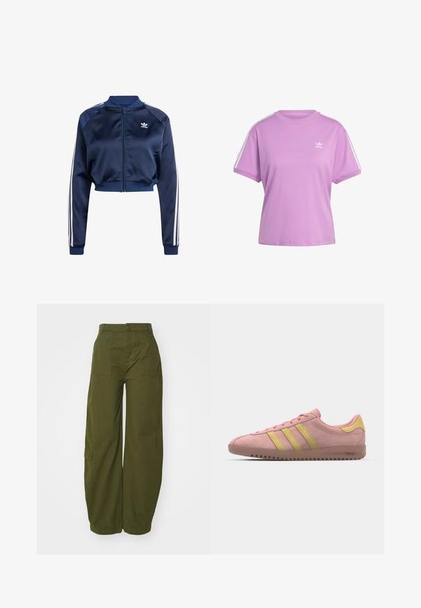 Mornarska satenska bomber jakna s bijelim trostrukim akcentima, rebrastim manžetama i rubom, prednjim zatvaračem i izvezenim logotipom na lijevoj strani prsnog dijela.; Ljubičasta majica s kratkim rukavima od pamuka, s rebrastim izrezom i bijelim bočnim trakama; sadrži mali bijeli Adidas logo na prsima.; Maslinasto zelene cargo hlače od pamuka, sa širokim nogavicama, prednjim džepovima i kopčanjem na dugme u struku.; Roza ante sneaker s tri žute pruge, okrugli nos i teksturirana guma potplat. Nizak profil s jastučićem oko gležnja.