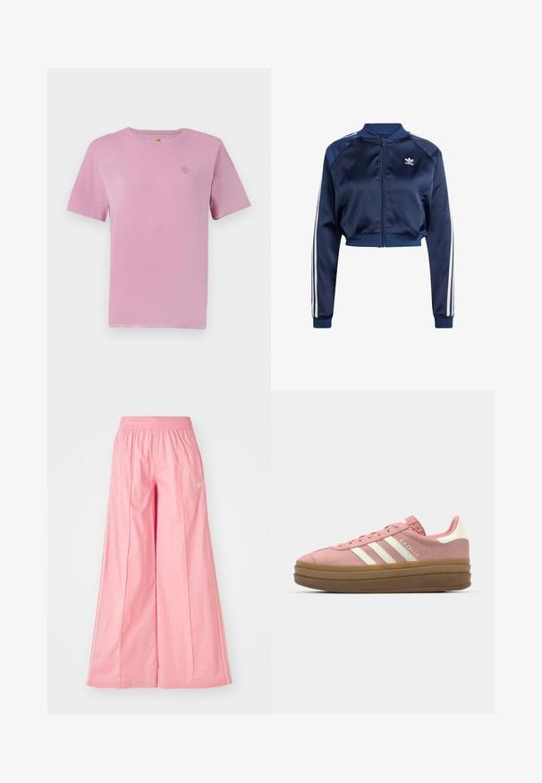 Tummansininen satiininen pommittaja-takki, jossa valkoiset kolmiraita-aktsentit, ribbaatut hihansuut ja helma, etuvetoketju sekä kirjailtu logo vasemmassa rinnassa.; Vaaleanpunainen lyhythihainen puuvillapaita, jossa on pieni, brodeerattu logo rinnassa. Sujuva kangas ja klassinen pyöreä kaula-aukko.; Vaaleanpunaiset leveät housut, jotka on valmistettu kevyestä kankaasta. Niissä on joustava vyötärö ja huomaamattomat valkoiset sivuviivat. Pieni logo edessä.; adidas Originals GAZELLE BOLD - Matalavartiset tennarit - mauve/off white