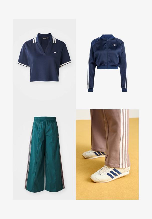 Tummansininen satiininen pommittaja-takki, jossa valkoiset kolmiraita-aktsentit, ribbaatut hihansuut ja helma, etuvetoketju sekä kirjailtu logo vasemmassa rinnassa.; Tummansininen lyhythihainen polo-paita, jossa on V-kaula-aukko, valkoiset raidat kauluksessa ja pieni logo vasemmassa rinnassa.; Teal leveled trousers with an elastic waistband, featuring pink and white striped accents on the sides, made from lightweight fabric.; Kreemi kengät sinisillä mokkanahka raidoilla, valkoisilla nauhoilla ja kumipohjalla. Yhdistetty harmaisiin verkkareihin, joissa on valkoiset sivuraidat.