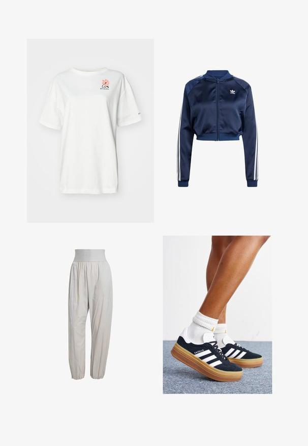 Námornícka saténová bomber bunda s bielymi trojpruhovými akcentmi, rebrovanými manžetami a lemom, predným zipsom a vyšitým logom na ľavej hrudi.; Biela tričko s krátkym rukávom vyrobené z bavlny, s ružovým kvetinovým dizajnom a malým čiernym logom na ľavej hrudi.; Svetlošedé, ľahké nohavice s elastickým pásom, zhrnutými manžetami a bočnými švami s jemnou textúrou pozdĺž dĺžky.; Čierne semišové tenisky s bielymi pruhmi a detailmi, so zaoblenou špičkou, podrážkou z gumovej gumy, doplnené bielymi rebrovanými ponožkami.