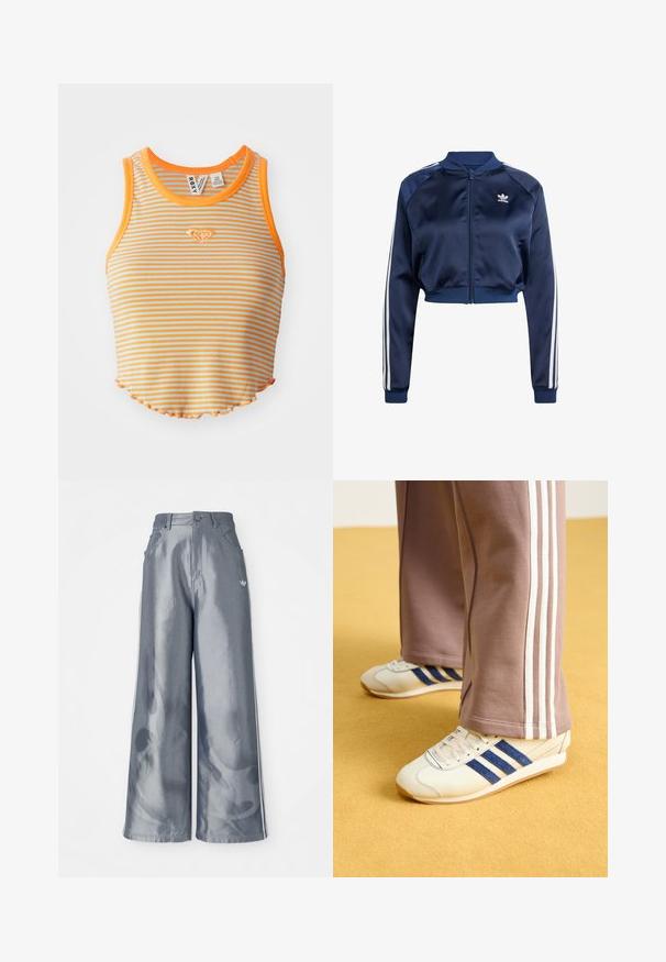 Marineblaues Satin-Bomberjacke mit weißen Dreistreifenakzenten, gerippten Bündchen und Saum, Frontreißverschluss und gesticktem Logo auf der linken Brust.; Gestreiftes Croptop in Orange und Hellblau, mit geripptem Stoff, rundem Ausschnitt und gewelltem Saum. Kleines diamantförmiges Logo auf der Vorderseite gestickt.; Weite Hose aus glänzendem grauem Material, ausgestattet mit weißen seitlichen Streifen und einem Flammenmuster an den Unterschenkeln. Knopf- und Reißverschlussverschluss an der Taille.; Cremfarbene Sneaker mit blauen Wildlederstreifen, weißen Schnürsenkeln und einer Gummisohle. Kombiniert mit grauen Jogginghosen mit weißen Seitenstreifen.